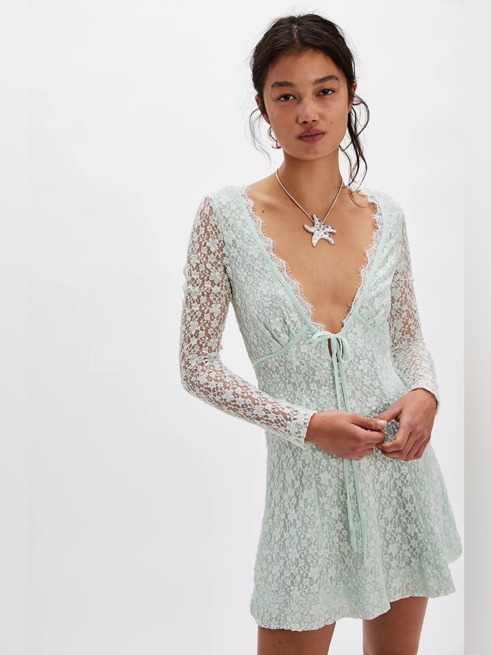Free People Petra mini dress light mint green sheer long sleeves lace-adorned